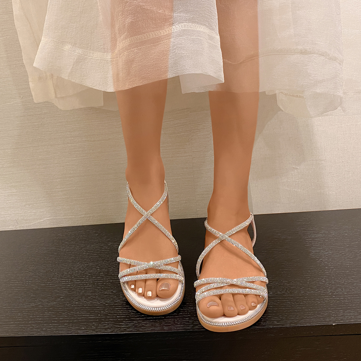 Elastic Waistband Roll - Summer Women Flat Sandals Rhinestone Cross