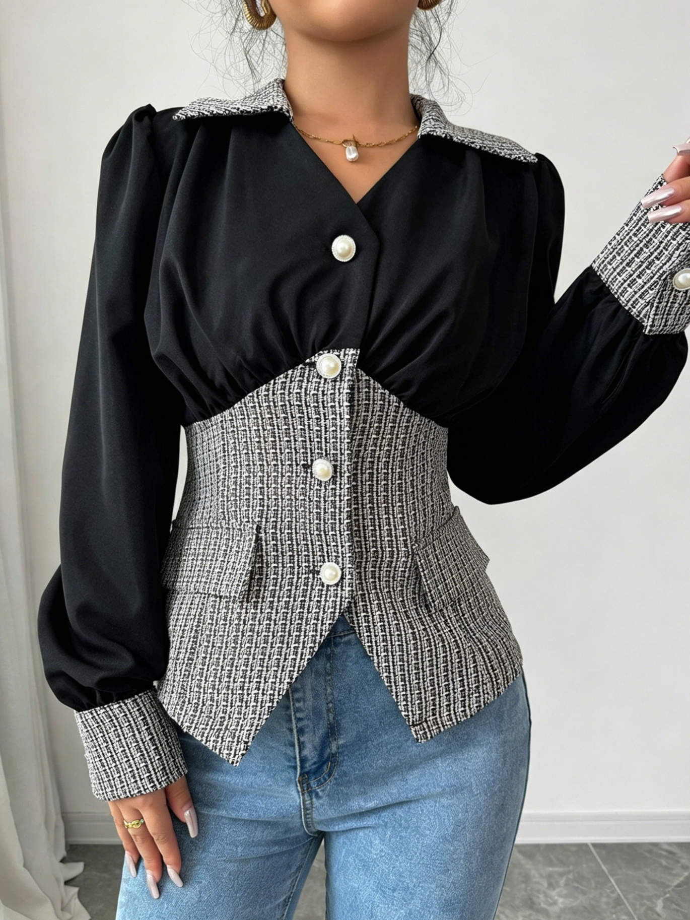 Elegant Tweed Patchwork Blouse - Sewing Tweed ulasan dan harga