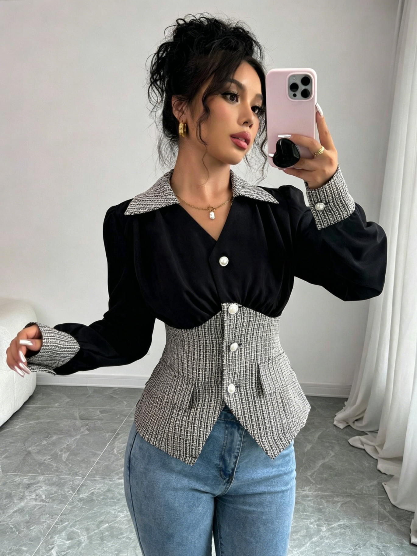 Elegant Tweed Patchwork Blouse - Sewing Tweed ulasan dan harga