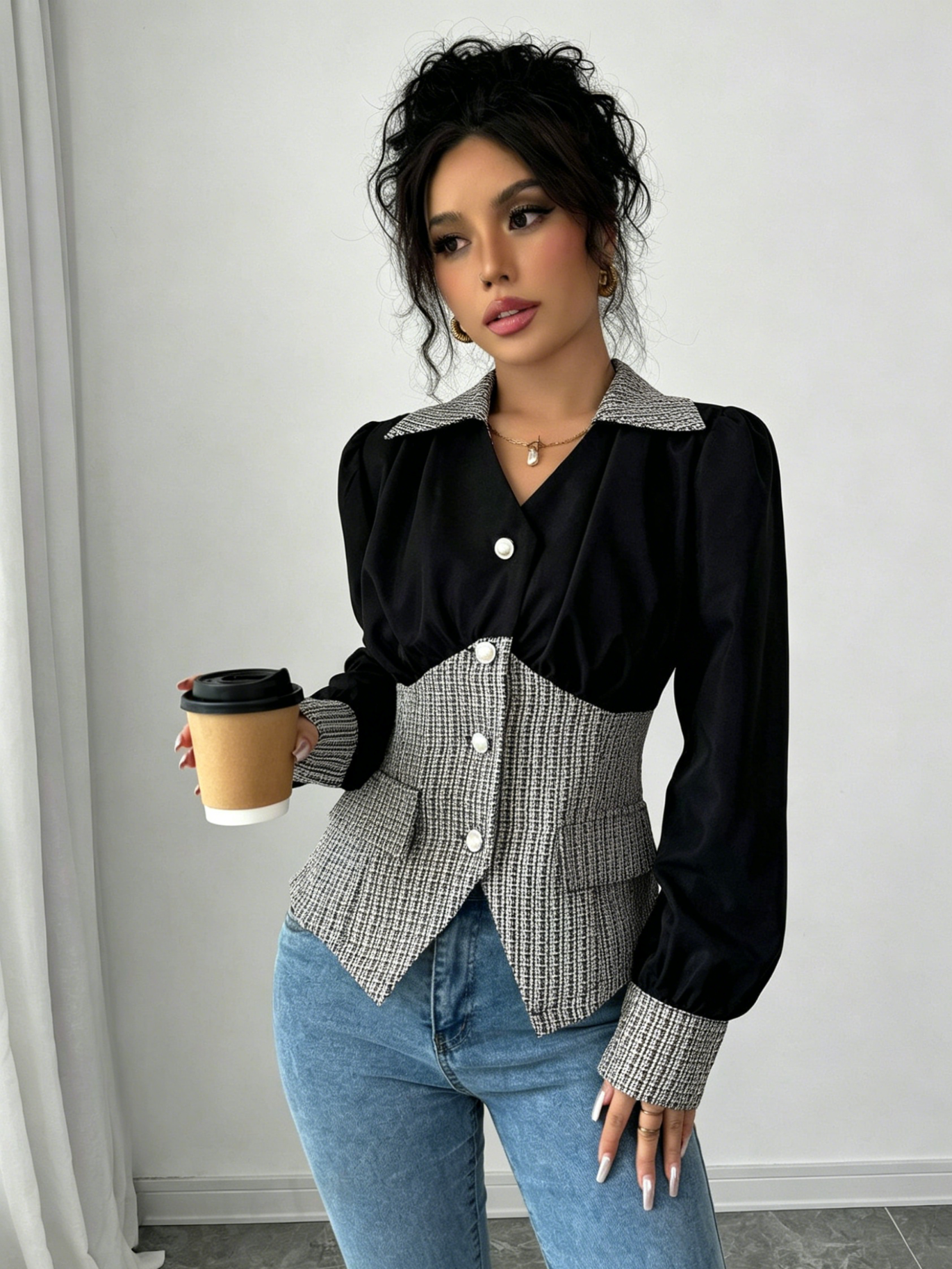 Elegant Tweed Patchwork Blouse - Sewing Tweed ulasan dan harga