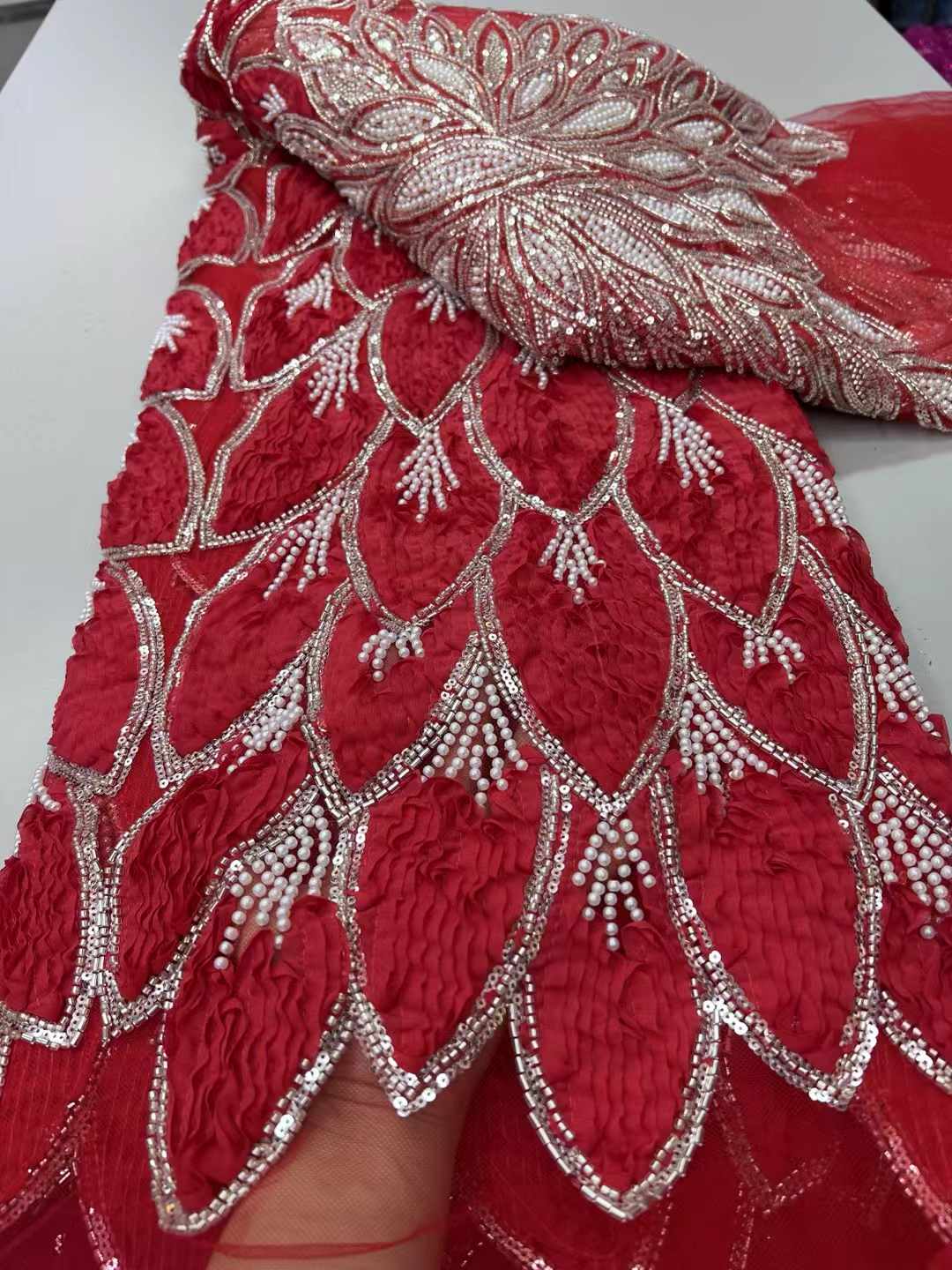 Beaded 3D Lace Fabric Red Lace - Sewing Net ulasan dan harga